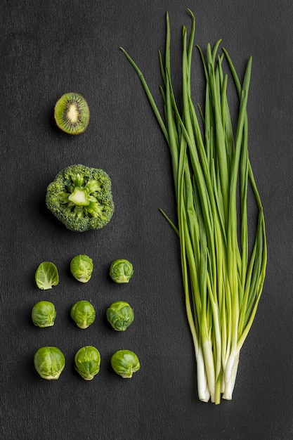 Top view of broccoli with chives and brussels sprout