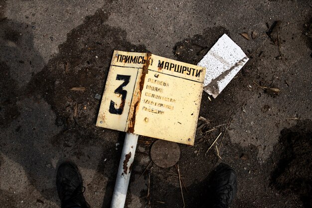 Top view broken sign russian's war in ukraine