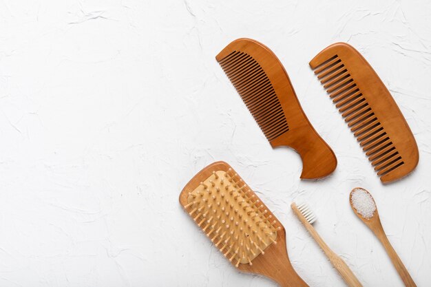 Top view brush and combs on table
