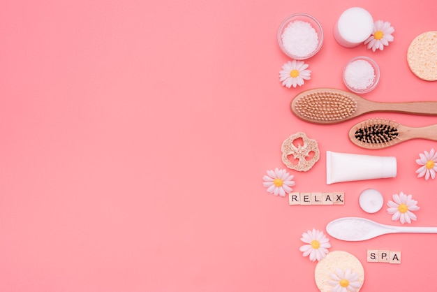 Top view of brushes and bath salts for spa treatment