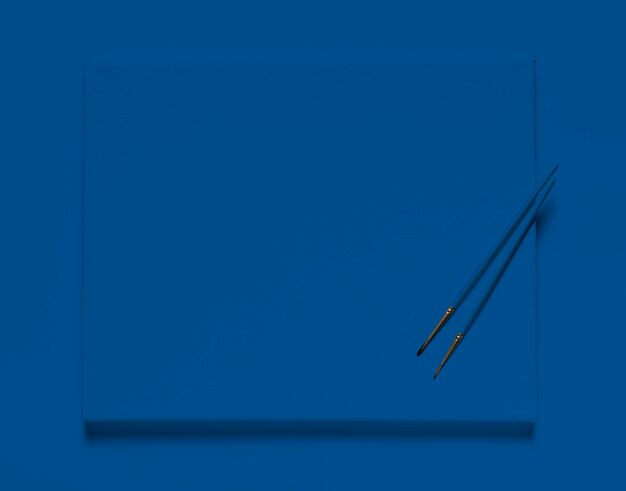 Top view brushes on classic blue canvas