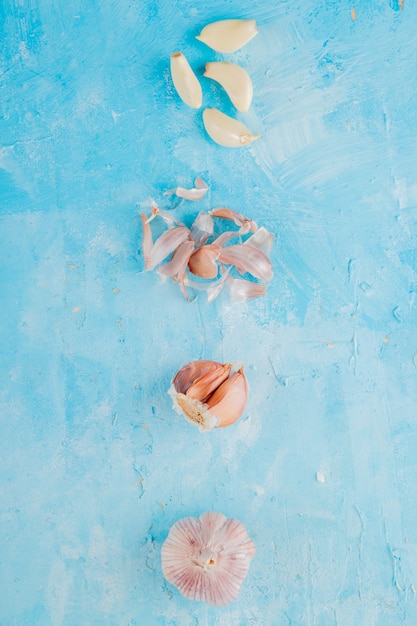 Free photo top view of bulb of garlic and peeled garlic cloves with skin on blue background with copy space
