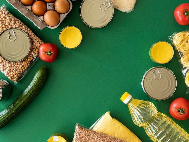 Top view of bunch of fresh food for donation