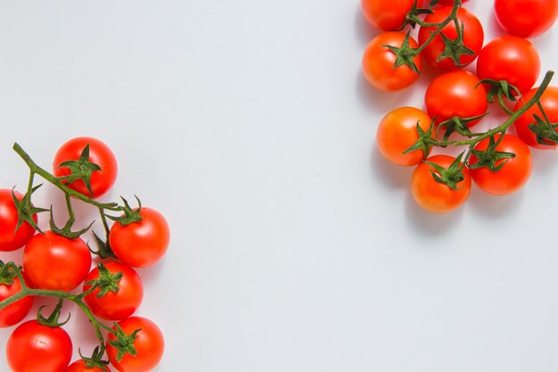 Взгляд сверху пуки томатов на белой предпосылке. горизонтальное пространство для текста
