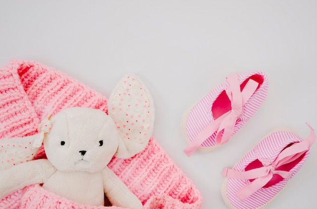 Top view bunny toy with white background