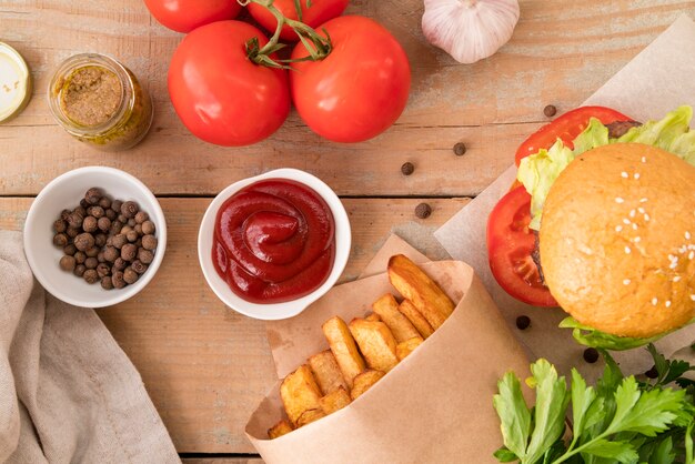 Top view burger french fries and ketchup