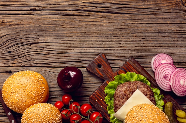 Top view burger on wooden table