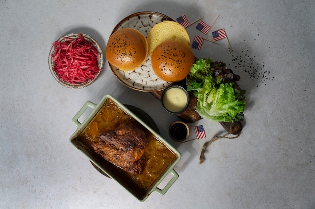 Free photo top view burgers with usa flags arrangement