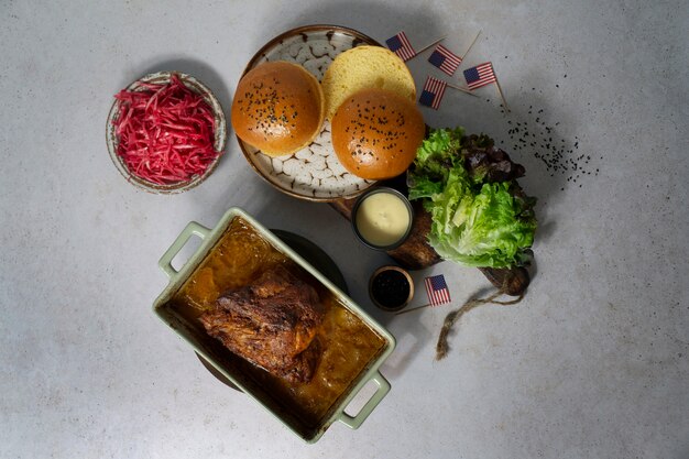 Top view burgers with usa flags arrangement