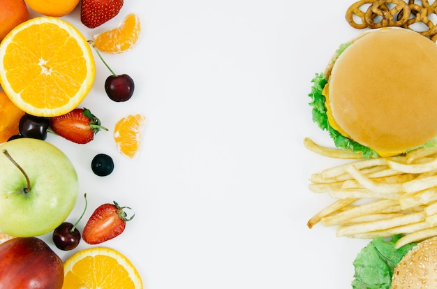 Top view burguer vs fruit