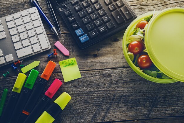 Top View of Business Concept. Office Accessories on wooden table. Above. Office supplies. Study Work Concept. Toning.