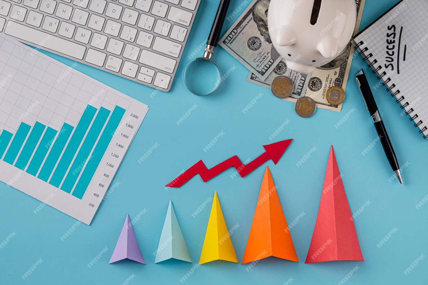 top view business items with growth chart colored cones_23 2148780559