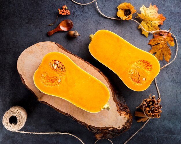 Top view butternut squash halves on table