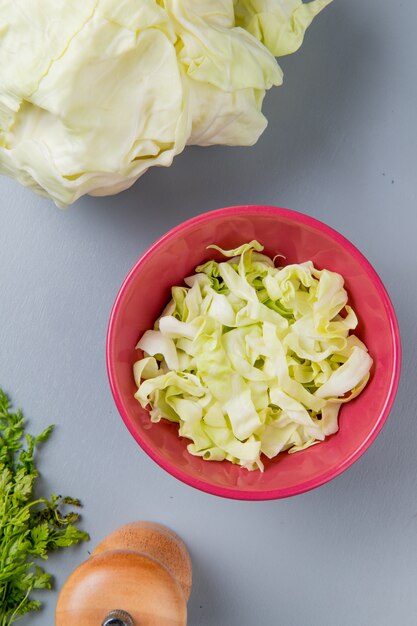 Top view of cabbage slices in bowl with whole one coriander and salt on blue background