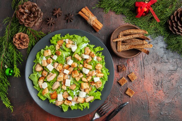 Top view caesar salad on oval plate pine tree branches fork and knife anises bowl with dried crust cinnamon sticks on dark red background