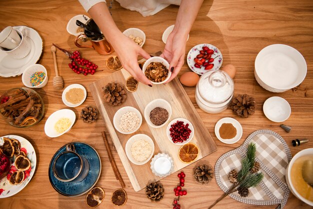 Top view of cake decorating ingredients