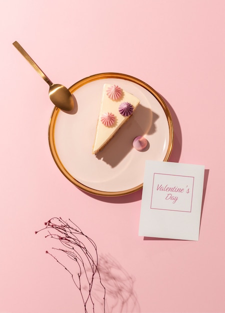 Top view of cake slice on plate for valentine's day