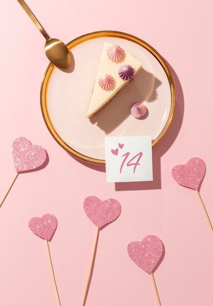 Top view of cake slice on plate for valentine's day