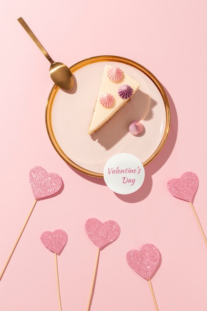 Free photo top view of cake slice on plate for valentine's day