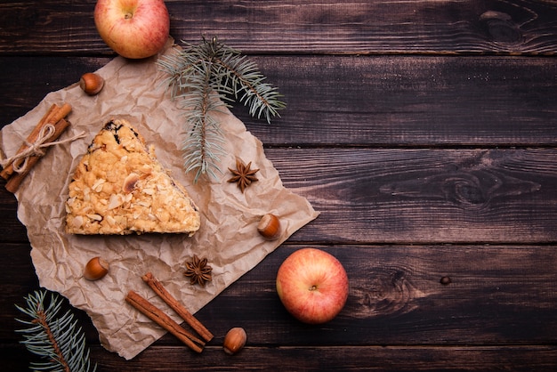 Top view of cake slice with apples