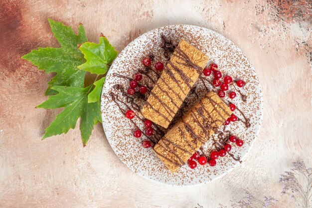 Top view cake slices with choco icing and red berries on light 