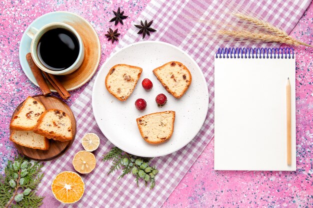 Top view cake slices with cup of coffee on light pink background cake bake sweet biscuit sugar color pie cookie