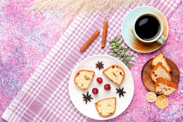 Top view cake slices with strawberries and cup of coffee on pink background cake bake sweet biscuit sugar color pie cookie