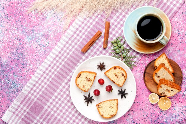 Top view cake slices with strawberries and cup of coffee on pink background cake bake sweet biscuit sugar color pie cookie