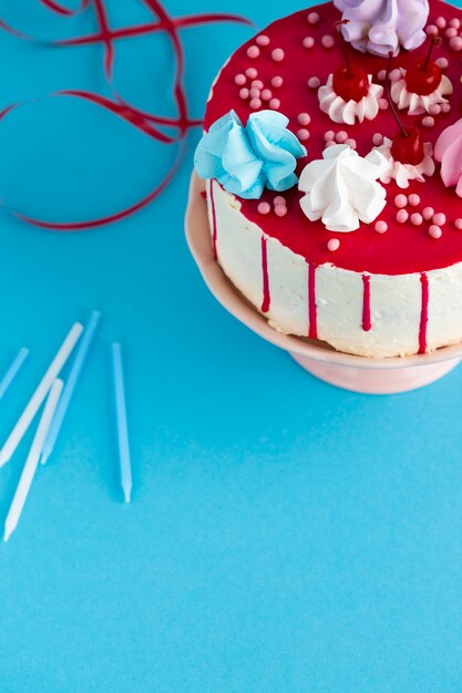 Top view of cake with cherries