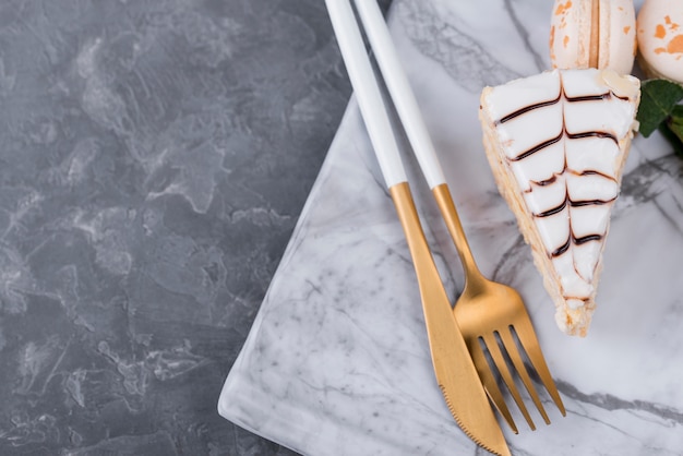 Top view of cake with cutlery