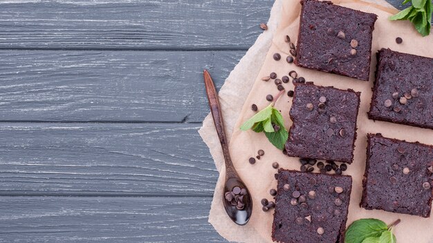 Top view of cake with spoon and copy space