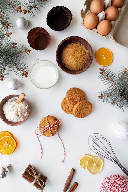 Top view cakes ingredients arrangement