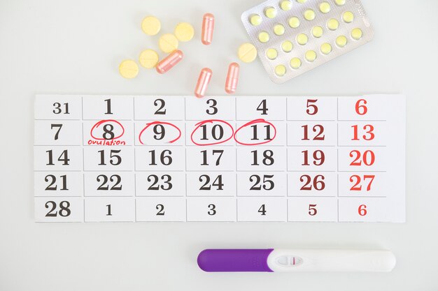 Top view calendar and fertility medicine