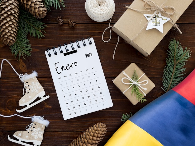 Top view calendar and gifts arrangement