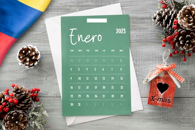 Top view calendar and pine cones arrangement