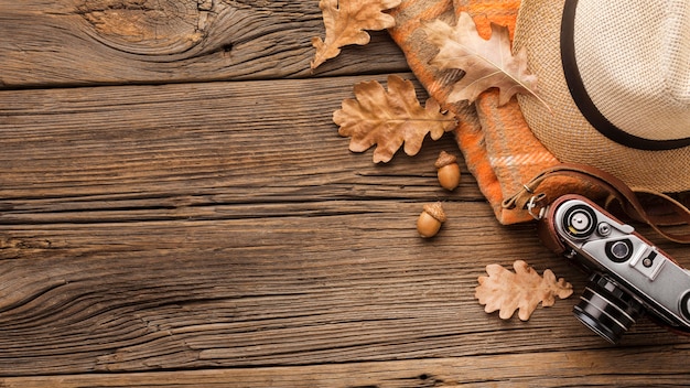 Top view of camera with autumn leaves and copy space