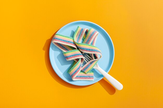 Top view of candy ribbon on plate