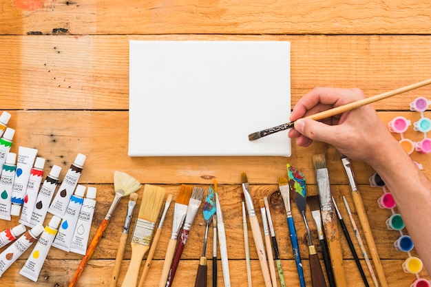 Top view canvas surrounded by painting elements