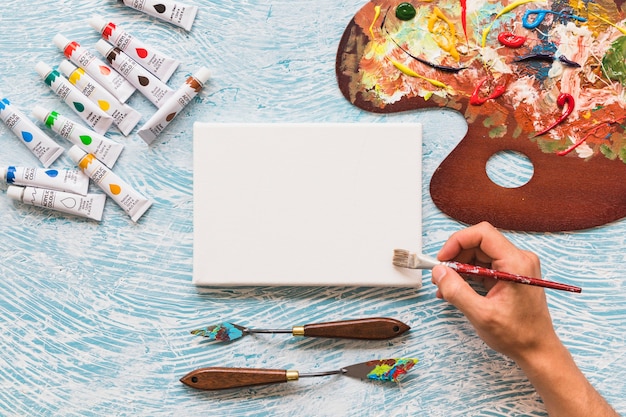 Top view canvas surrounded by painting material