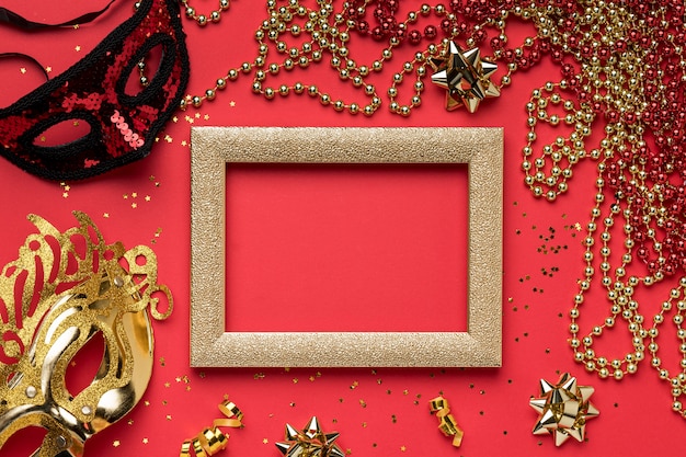 Top view of carnival masks with beads and frame