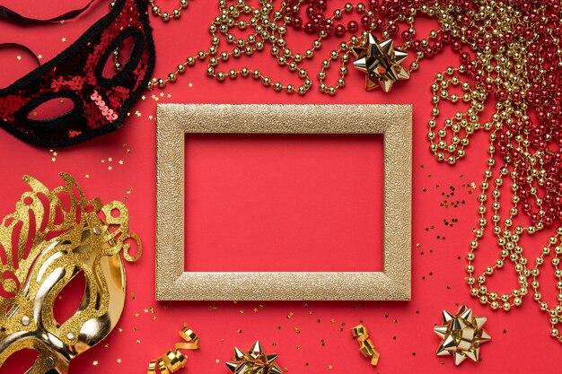 Top view of carnival masks with beads and frame