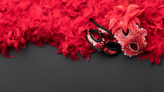 Top view of carnival masks with feathers