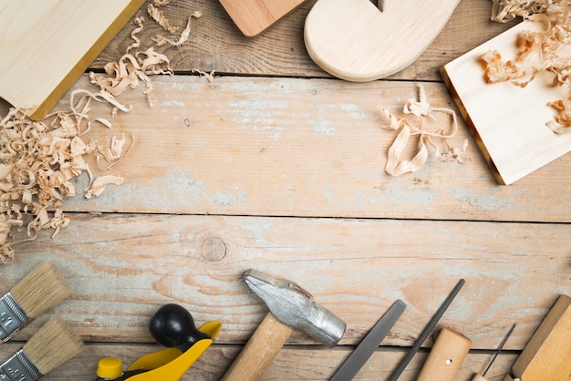 Top view carpenter set of tools