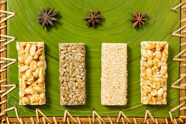 Top view cereal bars arrangement 