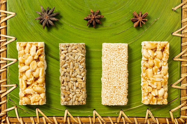 Top view cereal bars arrangement 