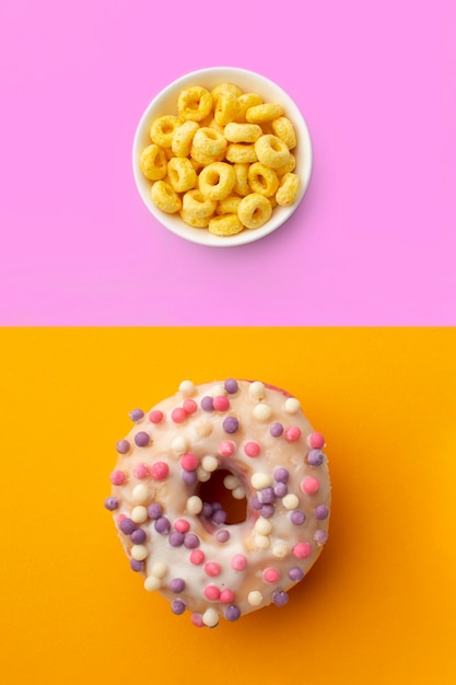 Top view cereal bowl and doughnut