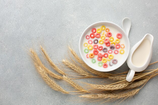 Ciotola di cereali vista dall'alto circondata da grano