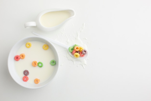 Top view cereal bowl with fresh milk