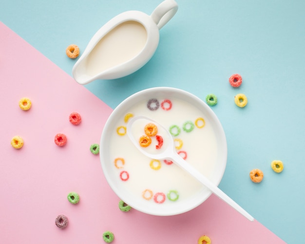 Top view cereal bowl with milk