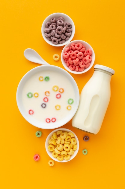 Vista dall'alto ciotole di cereali con latte